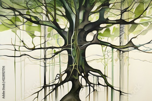 Abstract illustration depicting the branching patterns of tree roots representing natural optimization in structural engineering, AI generated