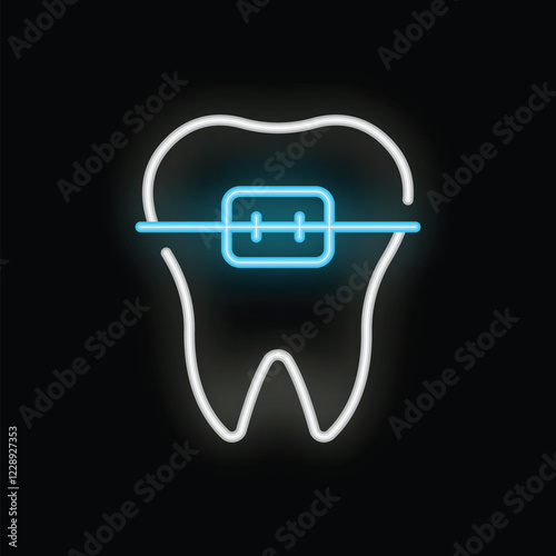 Neon sign depicting a tooth with braces glowing on a black background