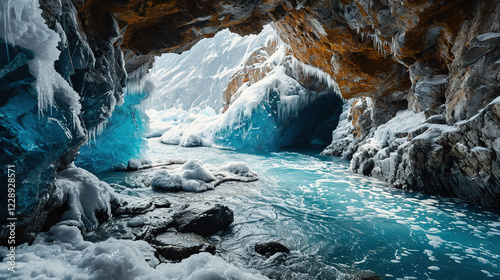 Ice floating on river between snowy mountains in winter