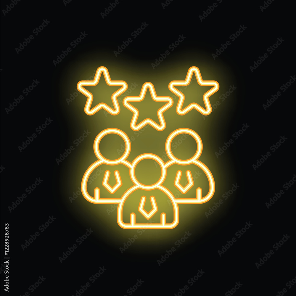 Yellow neon icon representing a group of professionals receiving a five star rating for their outstanding performance Yellow neon icon representing a group of professionals receiving a five star rating for their outstanding performance