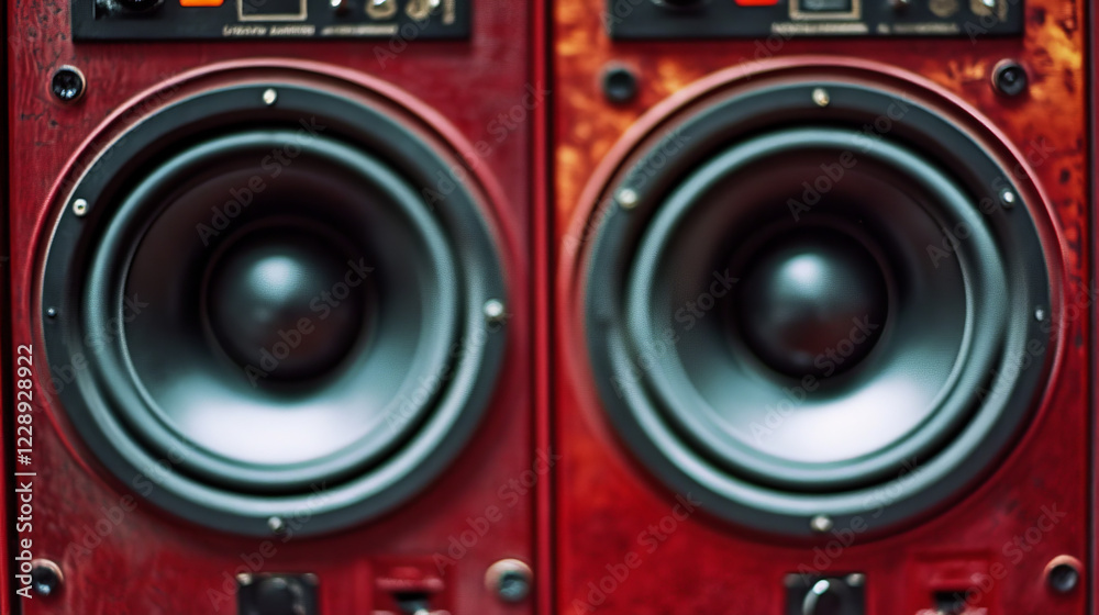 Fototapeta premium red bookshelf speakers: exploring studio monitors, hi-fi audio equipment, and vintage wooden sound systems for audiophiles at home