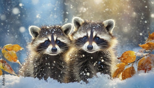 Two raccoons in winter, driving snow, studio, AI generated, AI generated photo