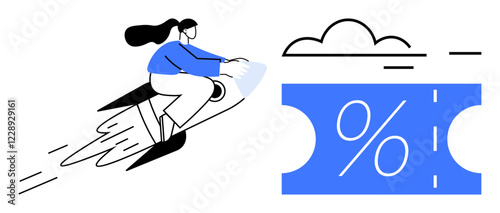 Woman riding a rocket, speeding towards a blue percentage coupon with a cloud above. Ideal for concepts of speed, success, discounts, sales, achievements, growth innovation. Abstract line flat