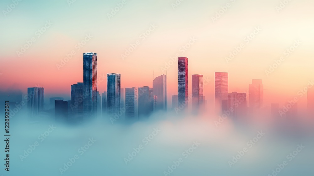 Fototapeta premium Ethereal City Skyline at Sunrise with Misty Horizon and Soft Colors