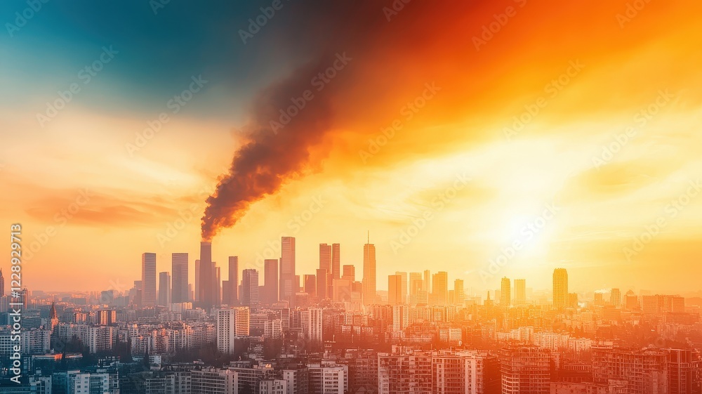 Fototapeta premium Urban skyline with smoke and sunset view over cityscape horizon