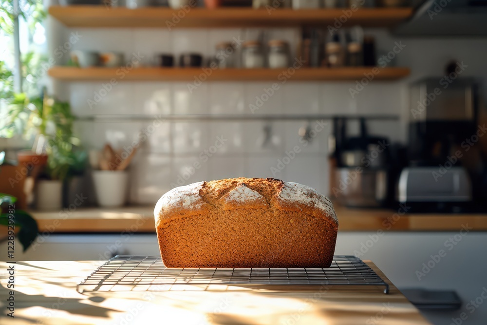 Obraz premium Freshly baked whole-grain bread loaf cooling on a wire rack in a well-lit modern kitchen