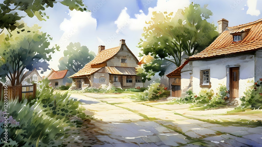Watercolor depiction of a village in summer in the warmth of the sun, AI generated Watercolor depiction of a village in summer in the warmth of the sun, AI generated