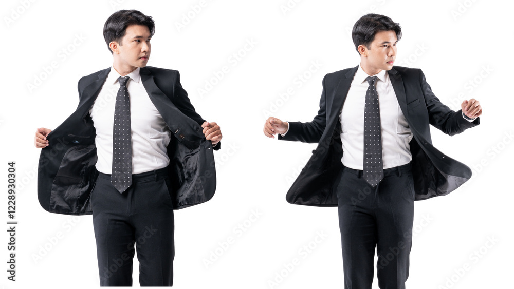 A man in a black suit and tie stands in front of a white background