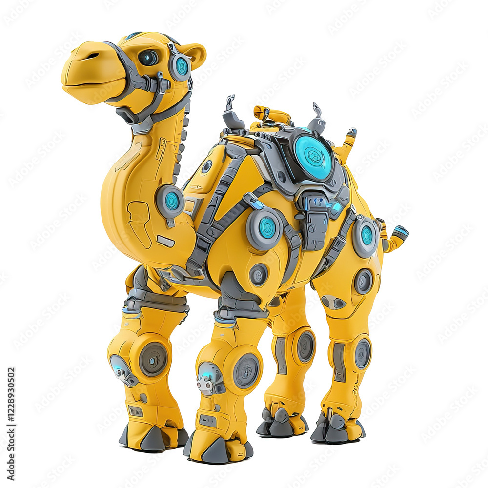Whimsical Robotic Bactrian Camel Toy with Friendly Cartoony Features in Bright Yellow Colors