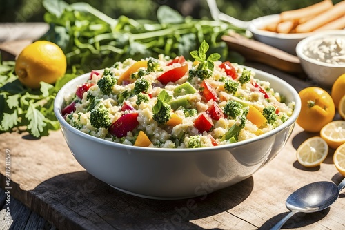 Quinoa salad abounding with colorful vegetables and lemon tahini dressing, AI generated photo