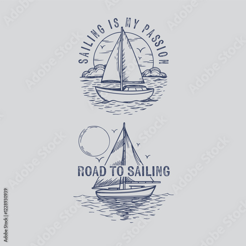 Sailboat in the sea, summer adventure, active vacation. Seagoing vessel, marine ship or nautical caravel. Design suitable for poster or t-shirt printing.