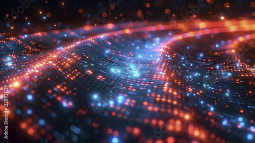 Conceptual representation of the digital world in abstract beauty. Countless digital dots and symbols show the flood of data circulating in the world. AI generated