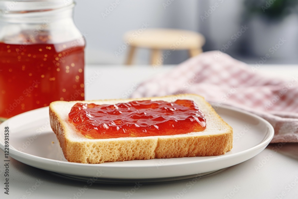 Slice of toast bread with red straberry jam or marmelade. KI generiert, generiert AI generated Slice of toast bread with red straberry jam or marmelade. KI generiert, generiert AI generated