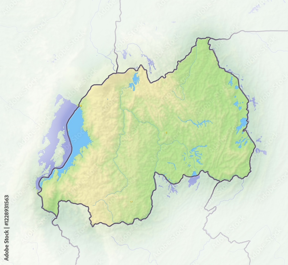 Fototapeta premium Rwanda, shaded relief map, Africa