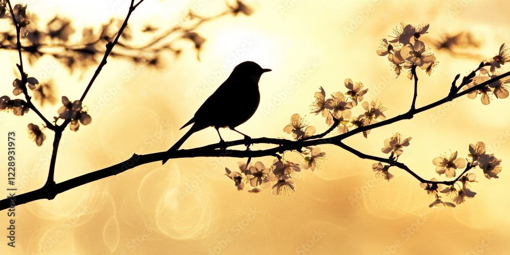 Fototapeta premium Silhouette of Bird in Spring Blossom