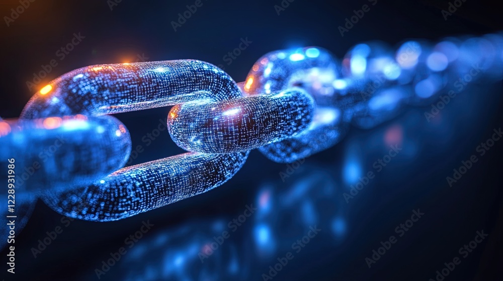 Blockchain system with multi-layer encryption, bright lights connecting transparent nodes Blockchain system with multi-layer encryption, bright lights connecting transparent nodes