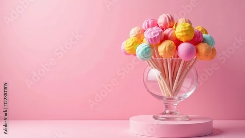 Pastel-colored spherical candies on sticks arranged in a glass bowl on a pink display stand