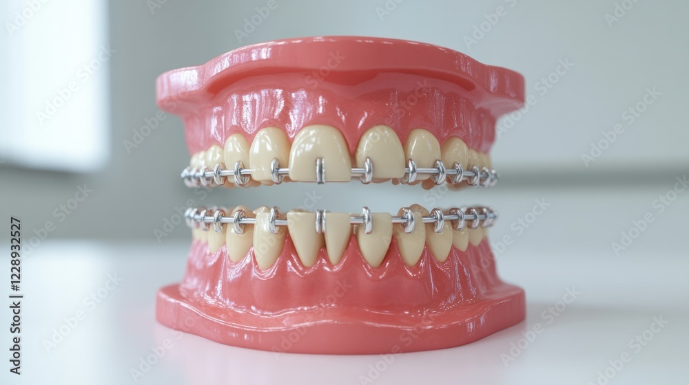 Obraz premium A high-quality dental image showcasing a bright smile with modern metal braces, set against white.