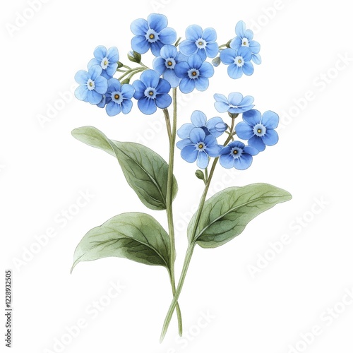 Forget-me-not flowers with green leaves illustrated on a clean white background, AI generated photo