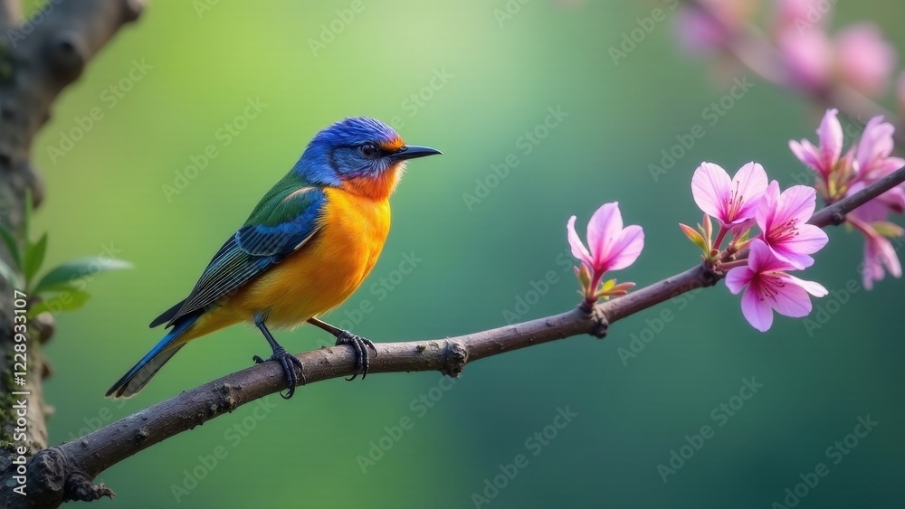 Vibrant Blue and Orange Bird Perched on a Branch with Delicate Pink Blossoms in a Serene Natural Setting Vibrant Blue and Orange Bird Perched on a Branch with Delicate Pink Blossoms in a Serene Natural Setting