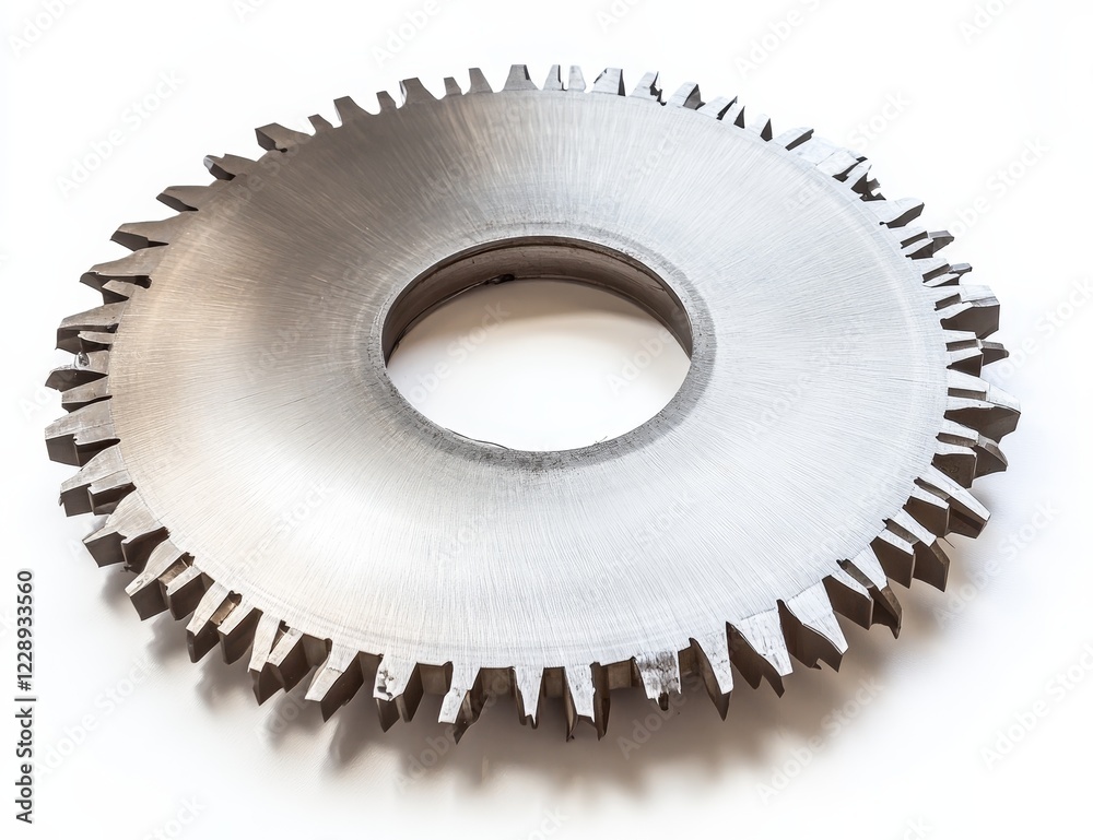 Circular saw blade with many sharp teeth on white background.