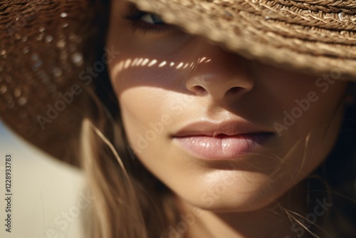 Young woman with summer straw hat covering half of her face. KI generiert, generiert, AI generated photo