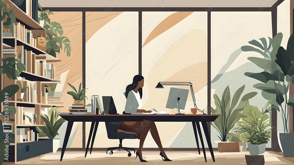 Fototapeta premium Abstract illustration of a modern workspace with woman seated at a desk, AI generated