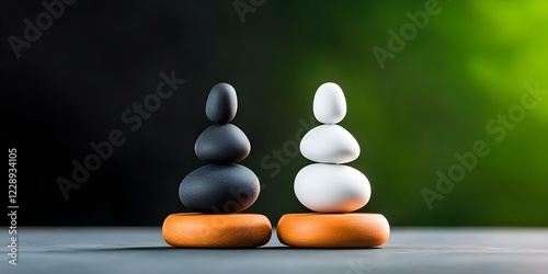 Two stacks of smooth stones—one black and one white—balanced on wooden bases, set against a gradient background. Concept Balanced Stone Stacks, Black and White Aesthetic, Natural Textures photo