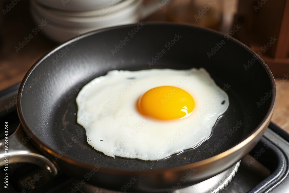 A perfectly cooked fried egg with a vibrant yolk on a hot nonstick pan, ready for breakfast. A perfectly cooked fried egg with a vibrant yolk on a hot nonstick pan, ready for breakfast.