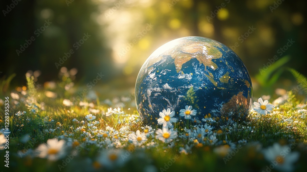 Earth resting in sunlit meadow, forest background, environmental campaign Earth resting in sunlit meadow, forest background, environmental campaign