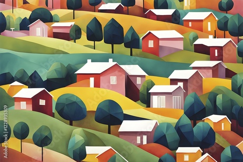 Landscape set in paper art style featuring houses tucked between verdant trees and rolling hills, AI generated photo