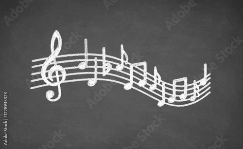 Musical notes, made with white chalk on a blackboard
