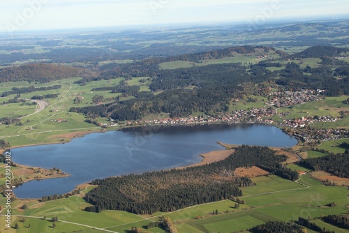 Aerial view, Hopfensee lake in Ostallgaeu, Allgaeu, Bavaria, Germany, Europe photo