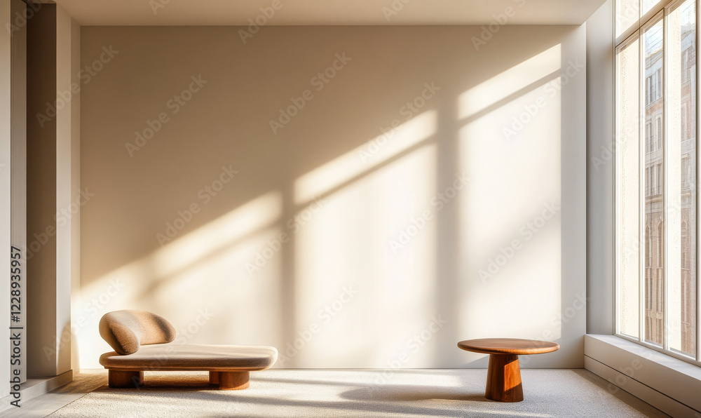 Fototapeta premium Modern minimalist interior with natural light highlighting furniture design in a spacious room