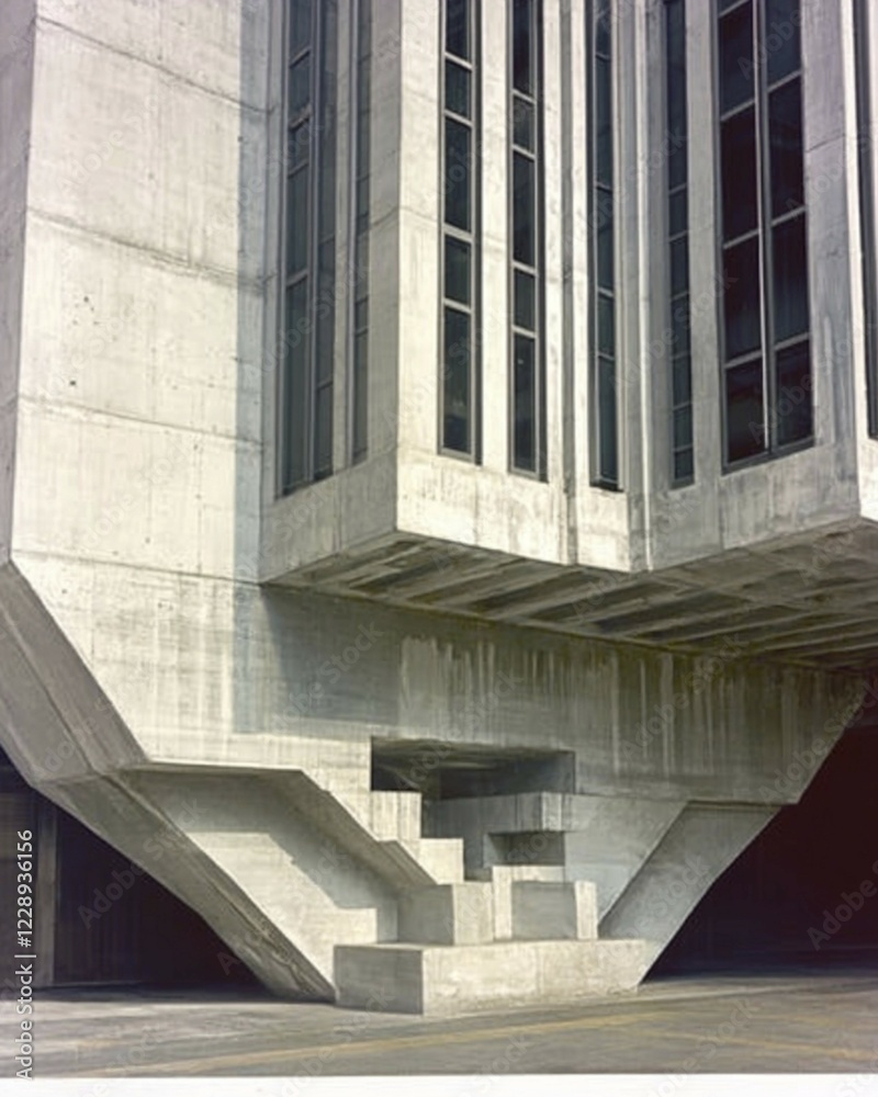 Fototapeta premium A concrete brutalist structure with angular designs and tall, narrow windows, AI generated