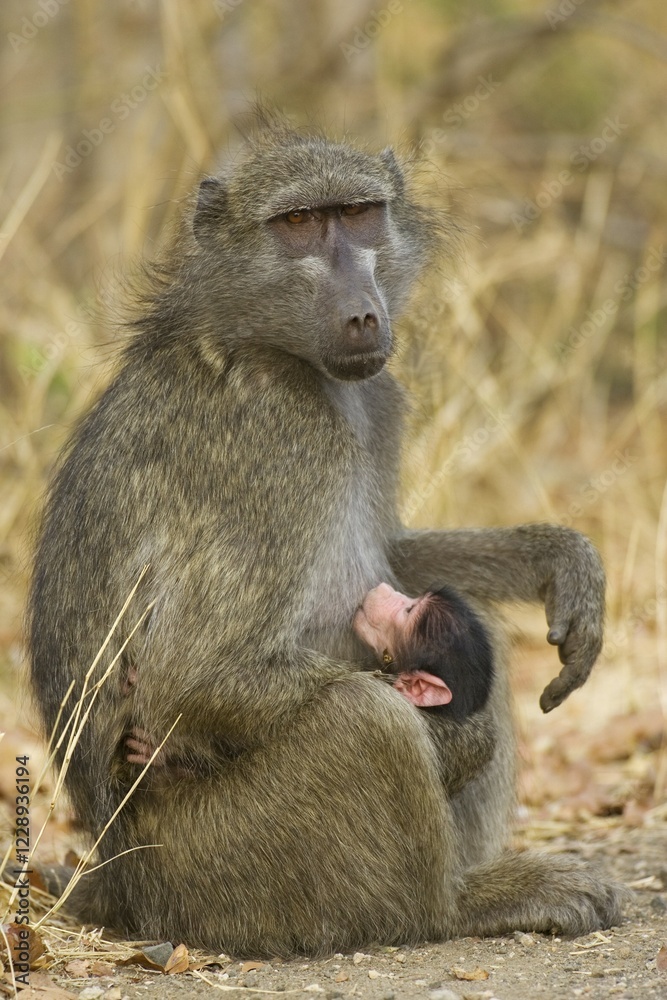 Chacma Baboon (Papio ursinus), female with suckling young, Kruger National Park, South Africa, Africa Chacma Baboon (Papio ursinus), female with suckling young, Kruger National Park, South Africa, Africa