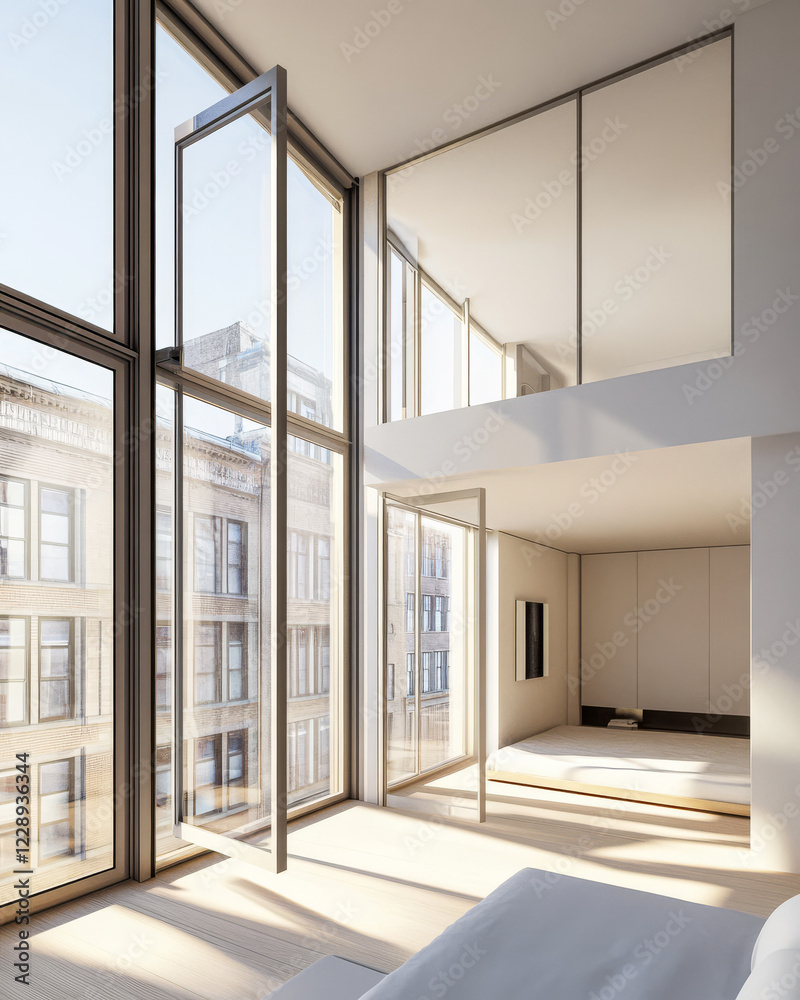 Obraz premium Modern minimalist bedroom with large windows showcasing city views in daylight