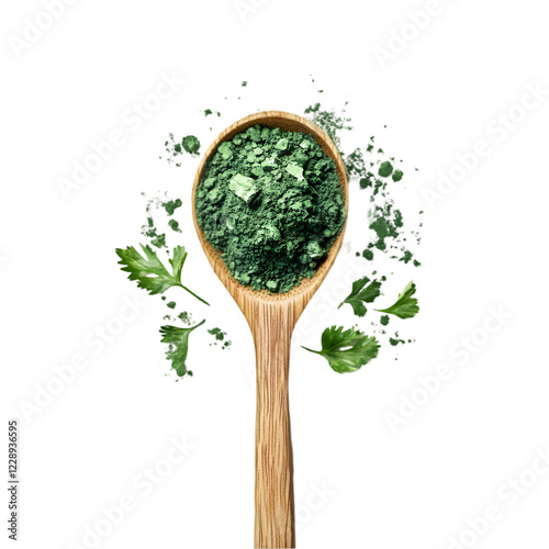 digital painting of spirulina powder in a wooden spoon with small algae leaves around it, isolated on a white background 