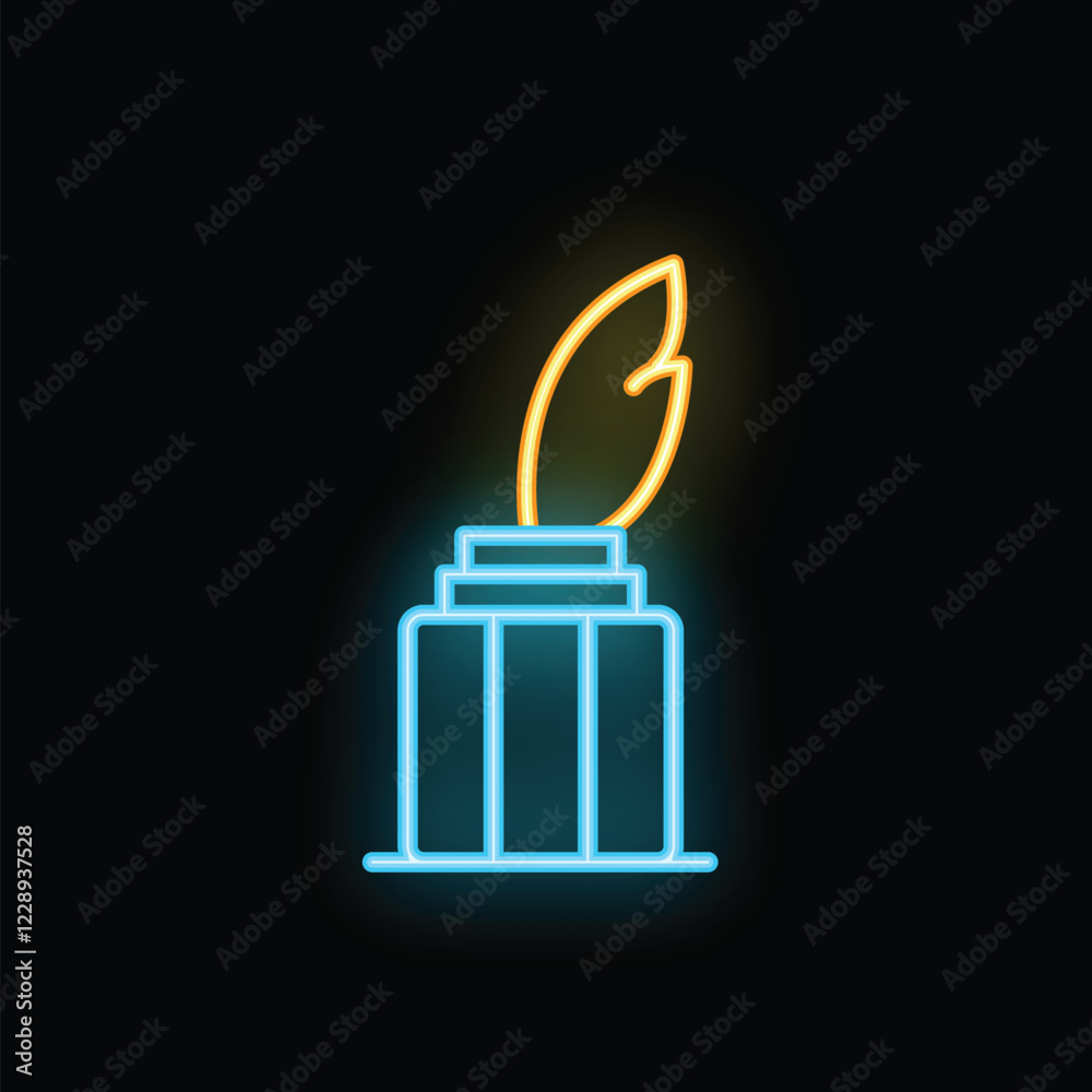Blue and yellow neon sign of an inkwell pen and feather, perfect for topics such as writing, creativity, or literature Blue and yellow neon sign of an inkwell pen and feather, perfect for topics such as writing, creativity, or literature