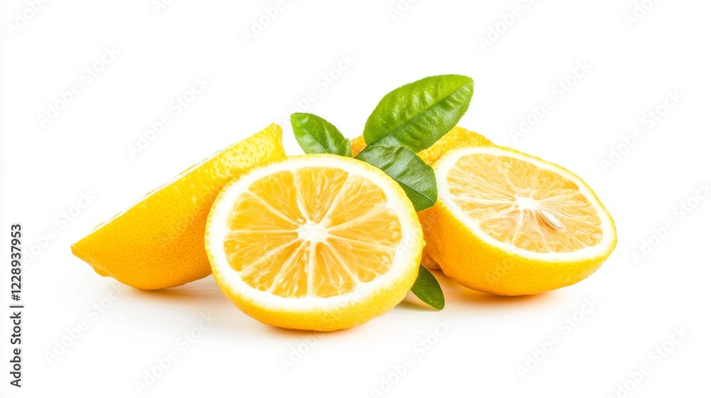 Fresh Lemon Slices with Green Leaves on a White Background Fresh Lemon Slices with Green Leaves on a White Background