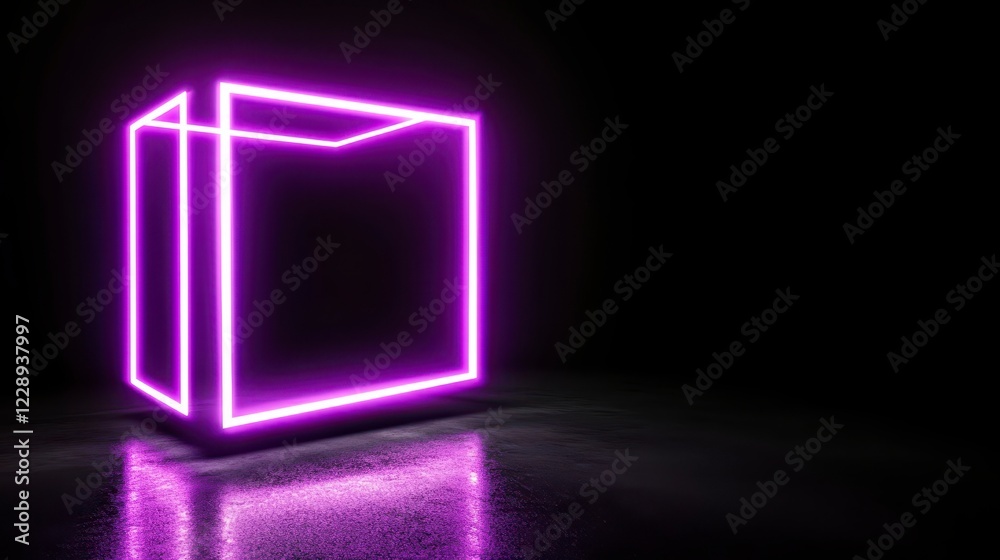 Neon Pink Geometric Cube in Dark Space with Reflections Neon Pink Geometric Cube in Dark Space with Reflections
