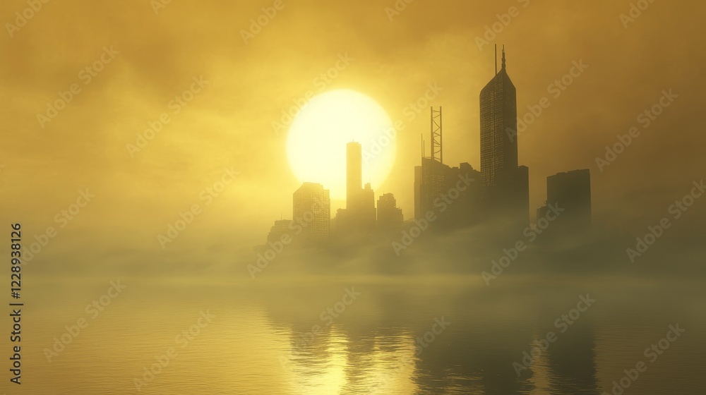 Obraz premium Golden Sunrise Over a City Skyline with Reflection in Water