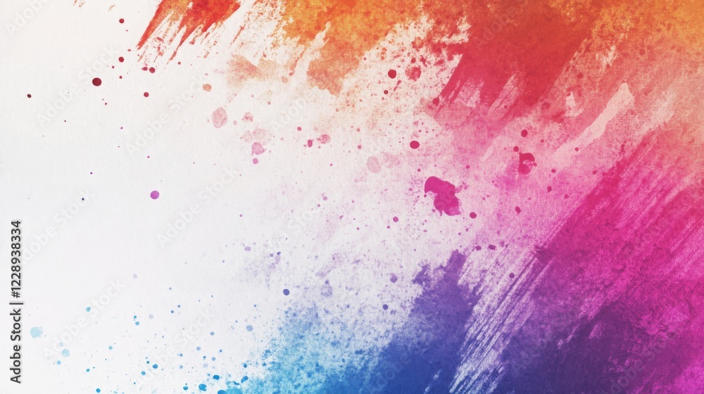 Obraz premium Bright, energetic watercolor splatters combined with jagged scratch marks, set against a textured halftone background in ash white, leaving central space for copy.