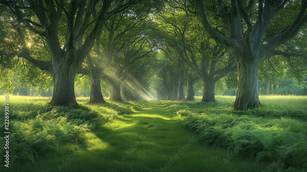 Sunbeams illuminate a path through a lush green forest with tall trees and ferns. Sunbeams illuminate a path through a lush green forest with tall trees and ferns.
