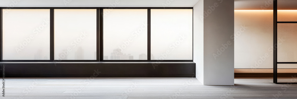 Fototapeta premium Spacious modern interior with large windows overlooking a city skyline during daytime