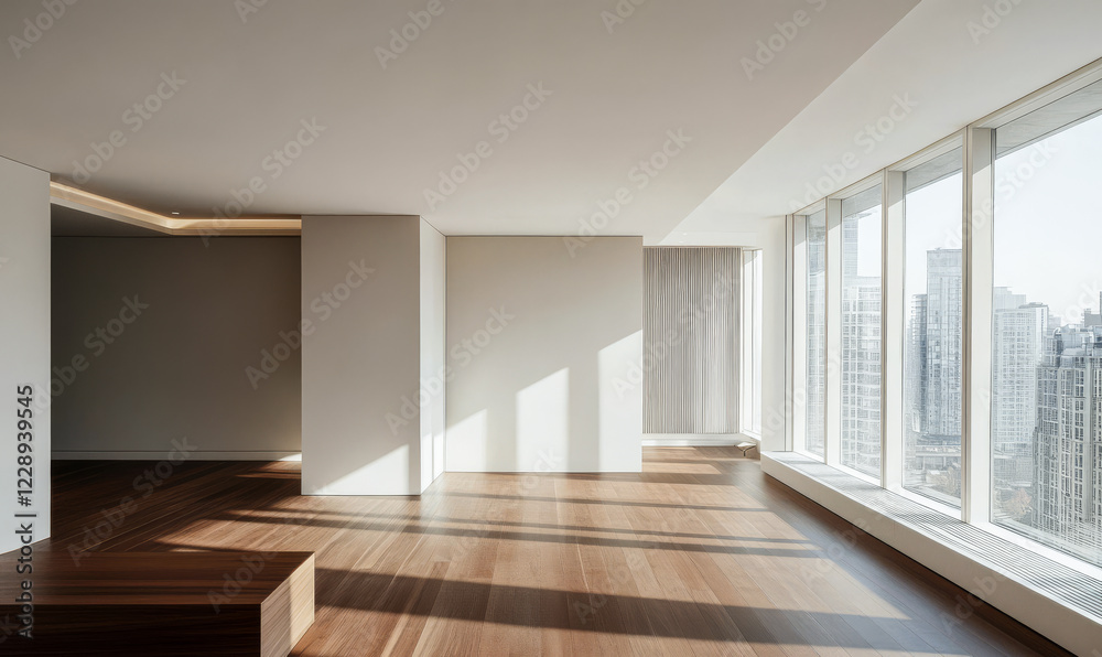 Obraz premium Modern empty apartment with large windows showcasing city skyline during the day