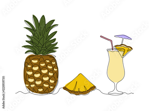Abstract Pina Colada cocktail and pineapple fruit and slice, ananas,  continuous single one line art hand drawing sketch logo