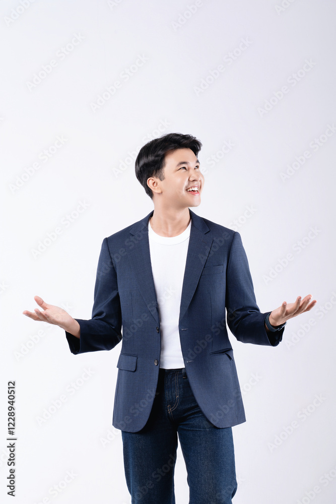 A man in a blue jacket and white shirt is smiling and giving a thumbs up A man in a blue jacket and white shirt is smiling and giving a thumbs up