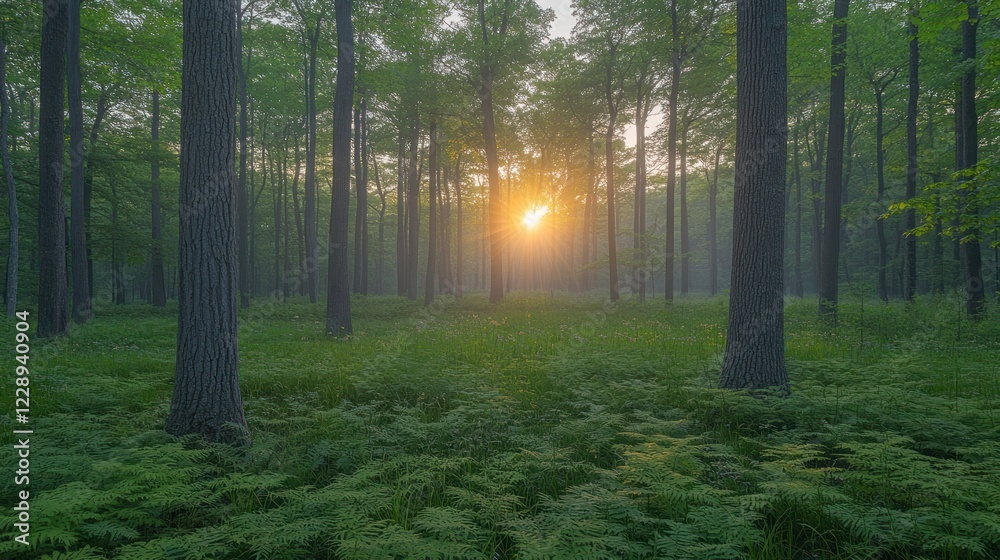 Obraz premium Sunlit misty forest with ferns at sunrise.