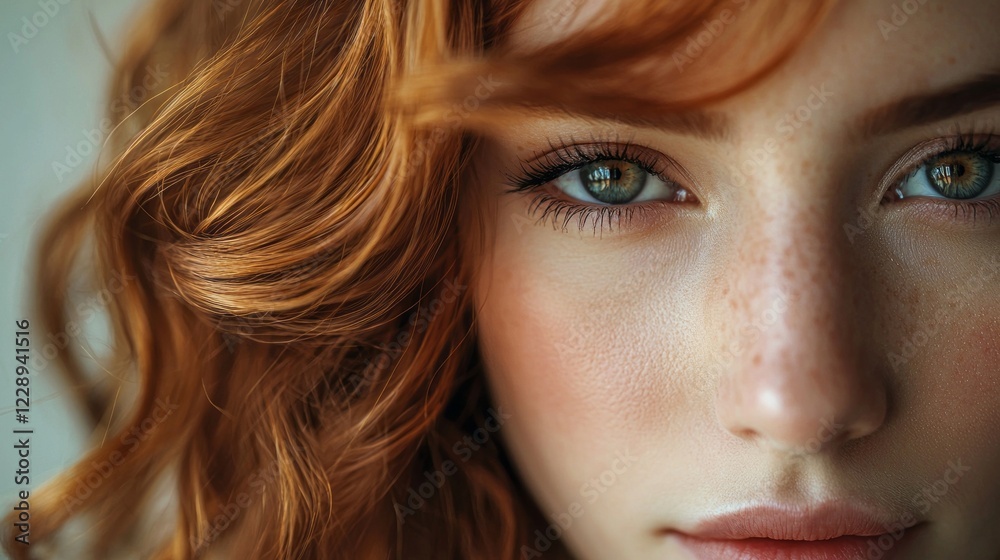 With a serene expression, the girl gazes directly at the viewer, her vibrant red hair framing her face. Soft, diffused light highlights her striking green eyes and delicate freckles With a serene expression, the girl gazes directly at the viewer, her vibrant red hair framing her face. Soft, diffused light highlights her striking green eyes and delicate freckles